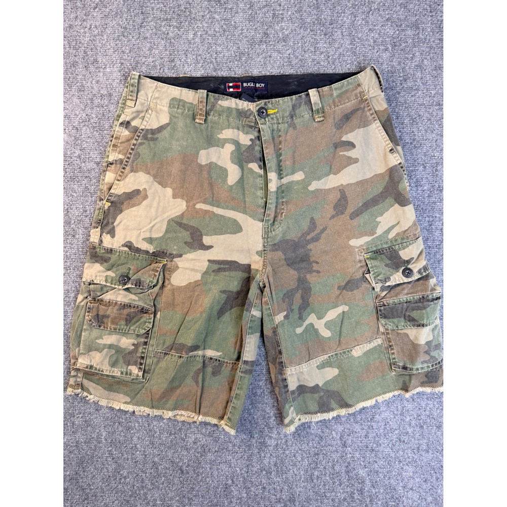 Bugle Boy Mens 34 Camo Cargo Shorts Green Ramie Cotton Custom Cut Off Distressed